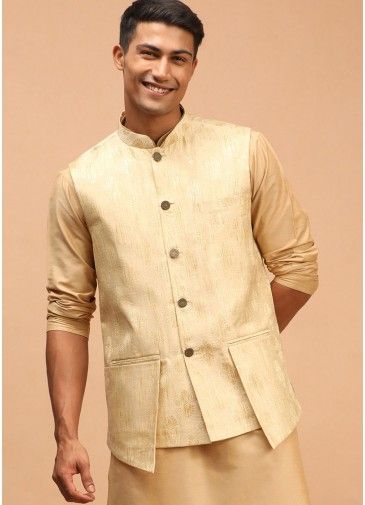 Gold Color Art Silk Readymade Nehru Jacket
