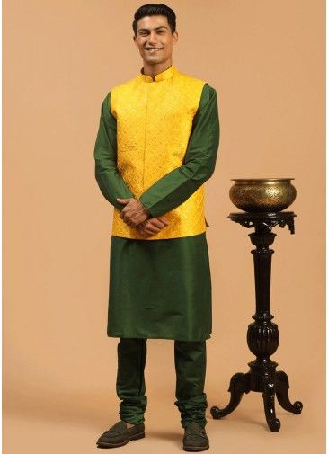Green Color Art Silk Kurta Pajama With Nehru Jacket