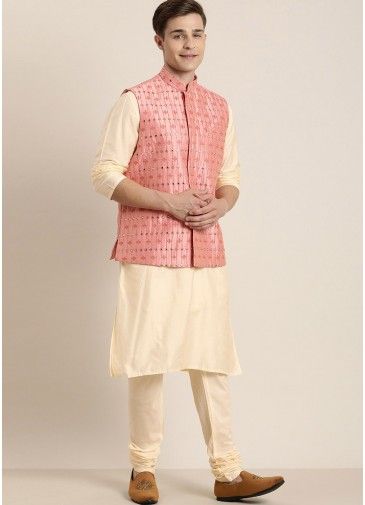 Cream Color Viscose Kurta Pajama With Nehru Jacket