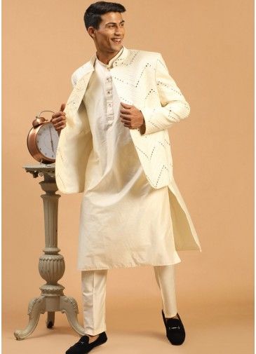 Cream Color Viscose Readymade Kurta Pajama & Bandhgala Jacket