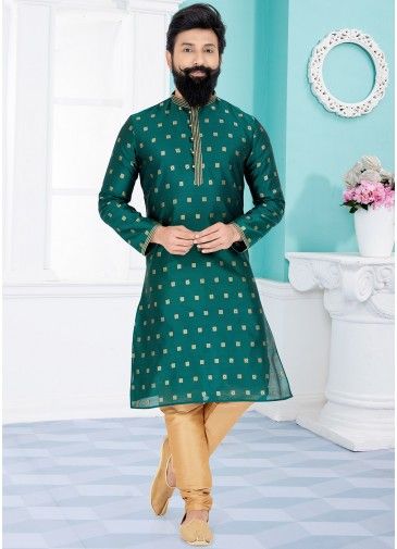 Green Color Jacquard Readymade Kurta Pajama