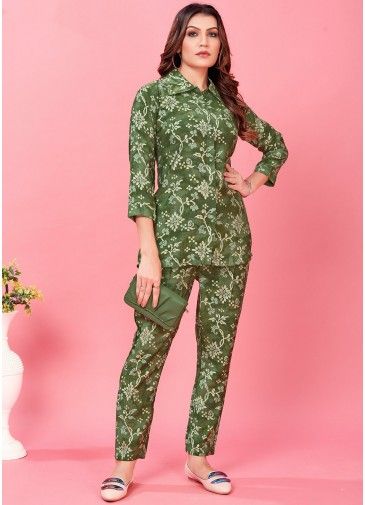 Green Floral Print Co-Ord Set In Chanderi