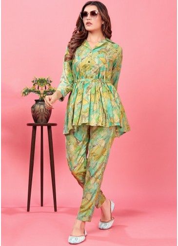 Green Floral Print Co-Ord Set In Rayon