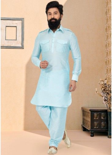 Blue Color Dupion Silk Readymade Pathani Suit