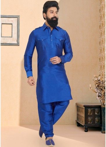 Teal Blue Color Dupion Silk Readymade Pathani Suit