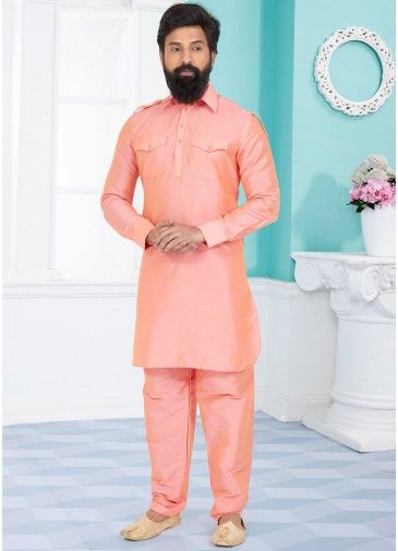 Pink Color Dupion Silk Readymade Pathani Suit