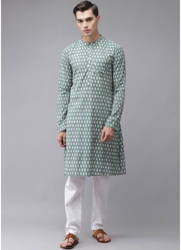 Green Printed Cotton Kurta Pajama