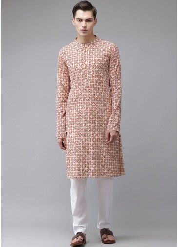 Beige Cotton Kurta Pajama In Printed