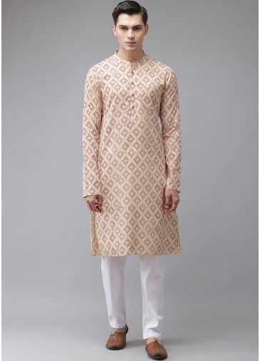 Beige Printed Kurta Pajama In Cotton