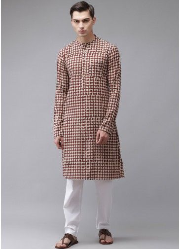 Beige Block Printed Kurta Pajama In Cotton