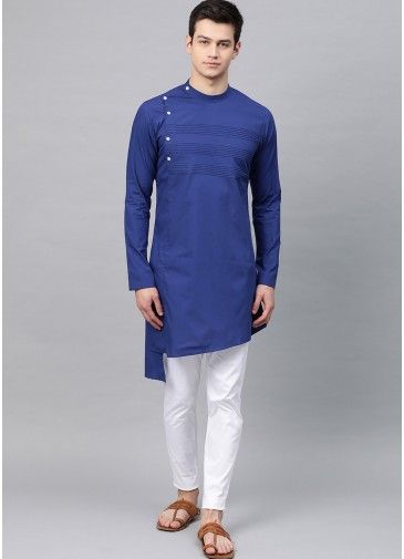 Blue Asymmetric Mens Kurta Pajama Set