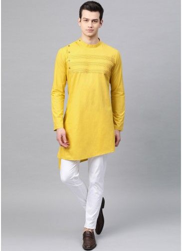 Yellow Embroidered Mens Asymmetric Kurta Pajama