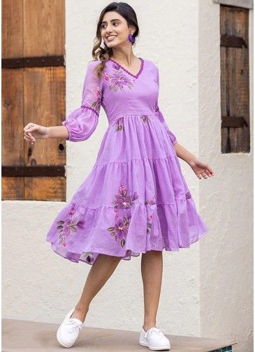 Purple Floral Printed Dress In Cotton