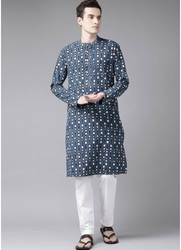 Readymade Blue Printed Cotton Kurta Pajama