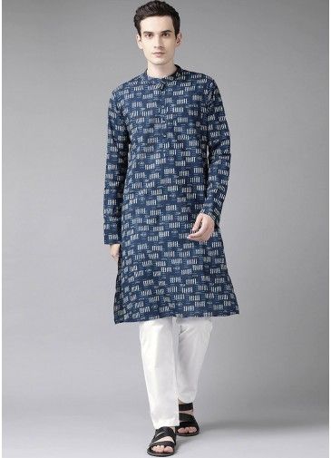 Readymade Blue Printed Kurta Pajama In Cotton