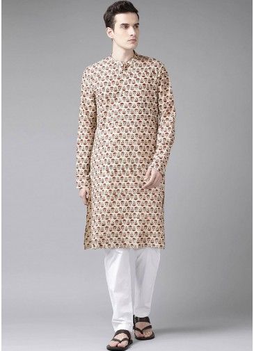 Beige Printed Mens Kurta Pajama Set In Cotton