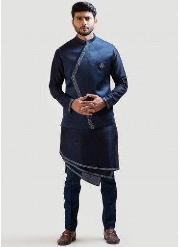 Blue Embroidered Readymade Kurta Pajama & Nehru Jacket
