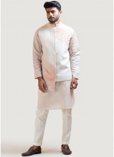 Mens Grey Kurta Pajama With Embroidered Nehru Jacket