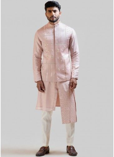 Pink Asymmetric Kurta Pajama With Nerhu Jacket