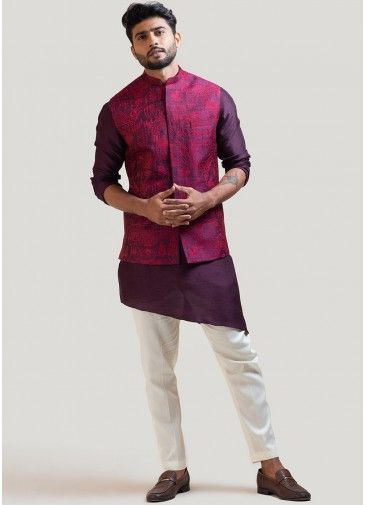 Purple Asymmetric Kurta Pajama With Nehru Jacket