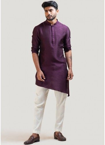 Purple Asymmetric Art Silk Kurta Pajama Set