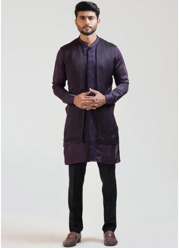 Purple Embroidered Jacket Style Kurta Pajama Set