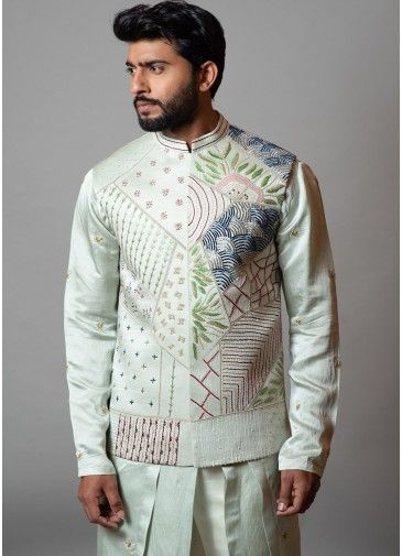 White Embroidered Linen Nehru Jacket
