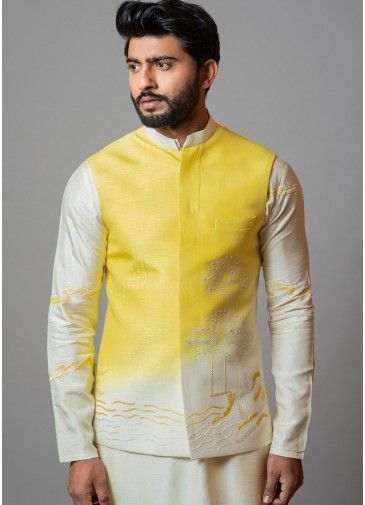 Yellow Art Silk Embroidered Nehru Jacket