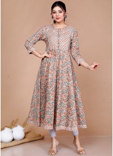 Readymade Brown Flared Kurta In Floral Print