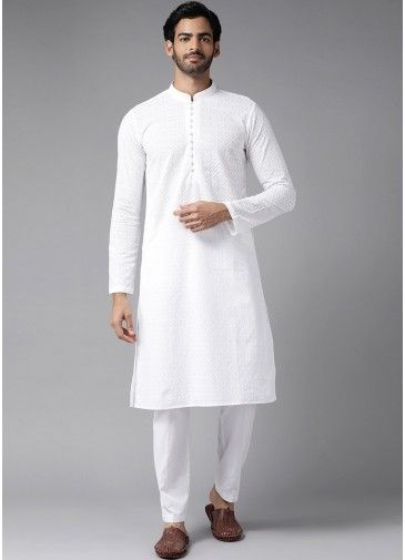 White Chikankari Work Cotton Kurta Pajama
