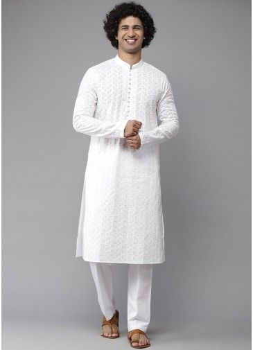 White Chikankari Work Cotton Kurta Pajama