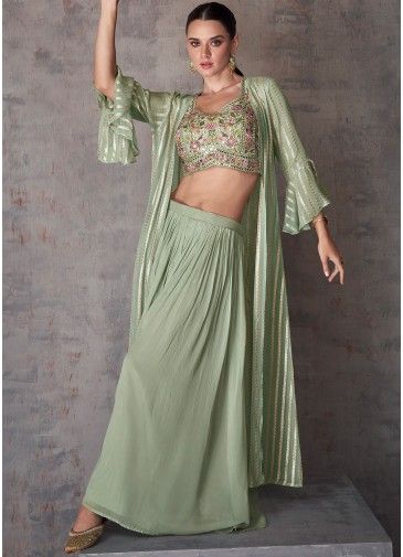 Readymade Green Embroidered Top Palazzo & Jacket