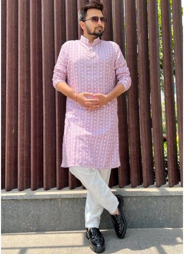 Pink Printed Cotton Kurta Pajama Set