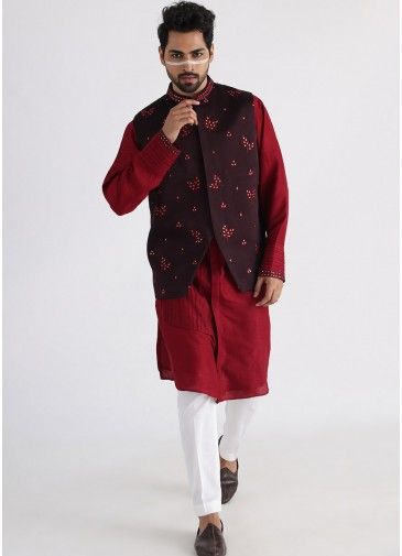 Maroon Embroidered Kurta Pajama With Nehru Jacket