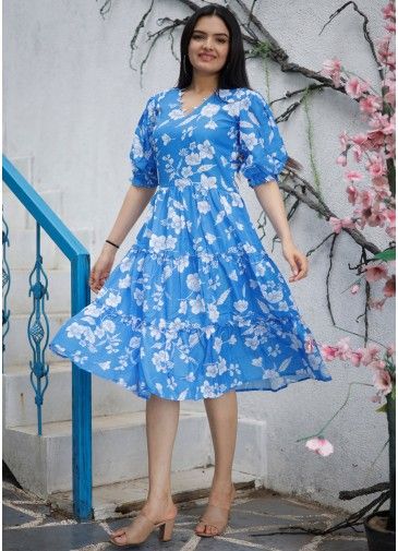 Blue Digital Printed Cotton Readymade Dress