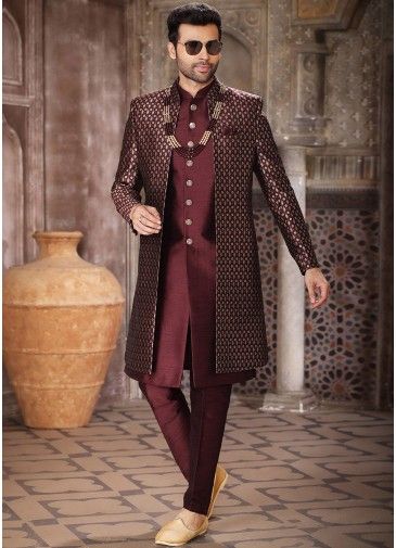 Maroon Woven Jacket Style Indo Western Sherwani