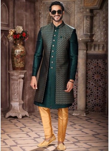 Teal Green Woven Jacket Style Indo Western Sherwani