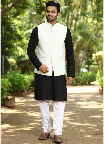 Black Color Cotton Kurta Pajama with Nehru Jacket