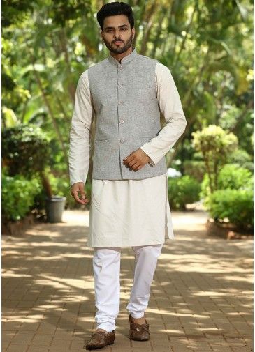 White Color Cotton Kurta Pajama with Nehru Jacket
