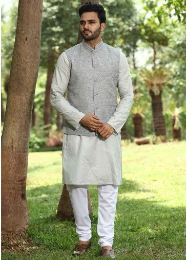 Grey Color Cotton Kurta Pajama with Nehru Jacket