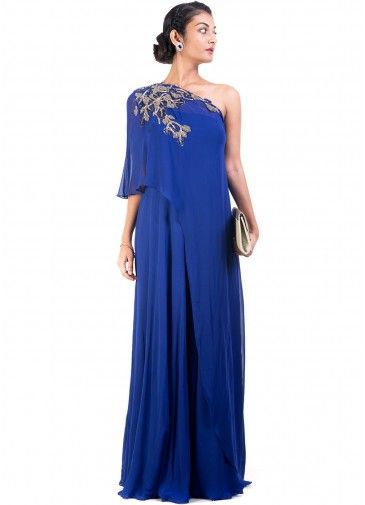 Blue One Shoulder Cape Style Asymmetric Gown
