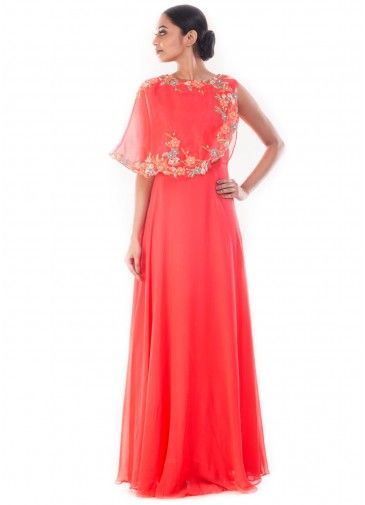 Peach Georgette Gown With Attached Cape