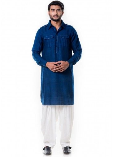 Navy Blue Linen Pathani Suit Set 