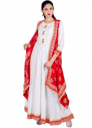 Readymade White & Red Rayon Indo Western Cape Dress