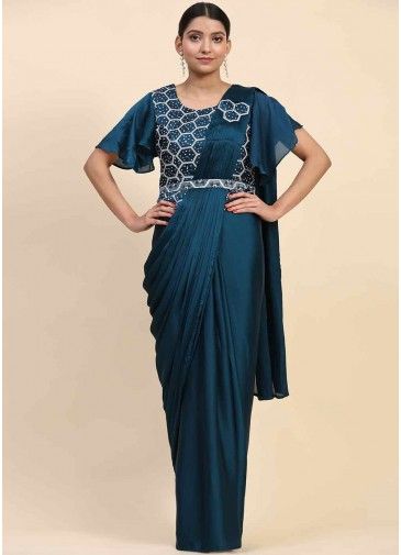 Blue Embroidered Saree In Satin