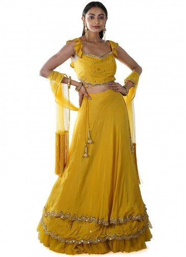 Yellow Mirror Embellished Ruffled Lehenga Choli