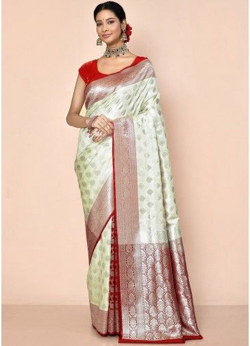 Cream Zari Woven Saree In Art Kanjivaram Silk