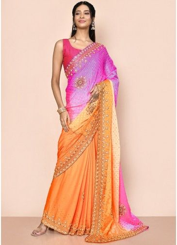 Orange & Pink Shaded Woven Saree In Jacquard