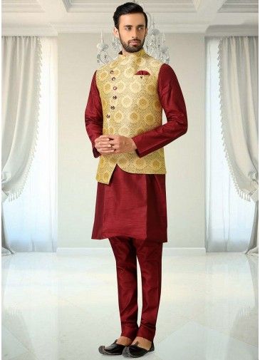 Golden Jacquard Woven Asymmetric Nehru Jacket