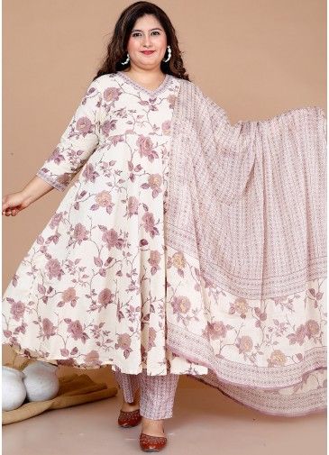 Readymade Off White Floral Print Anarkali Pant Suit